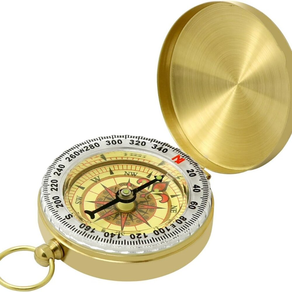 Compass Waterproof Hiking Survival Navigation Lg Dial w Keychain Loop Gold Color